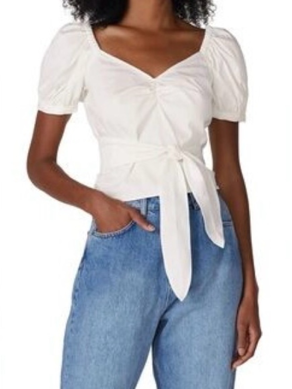 Marissa Webb Collective White Wrap Crop Top 2 Puff Sleeve Tie Front